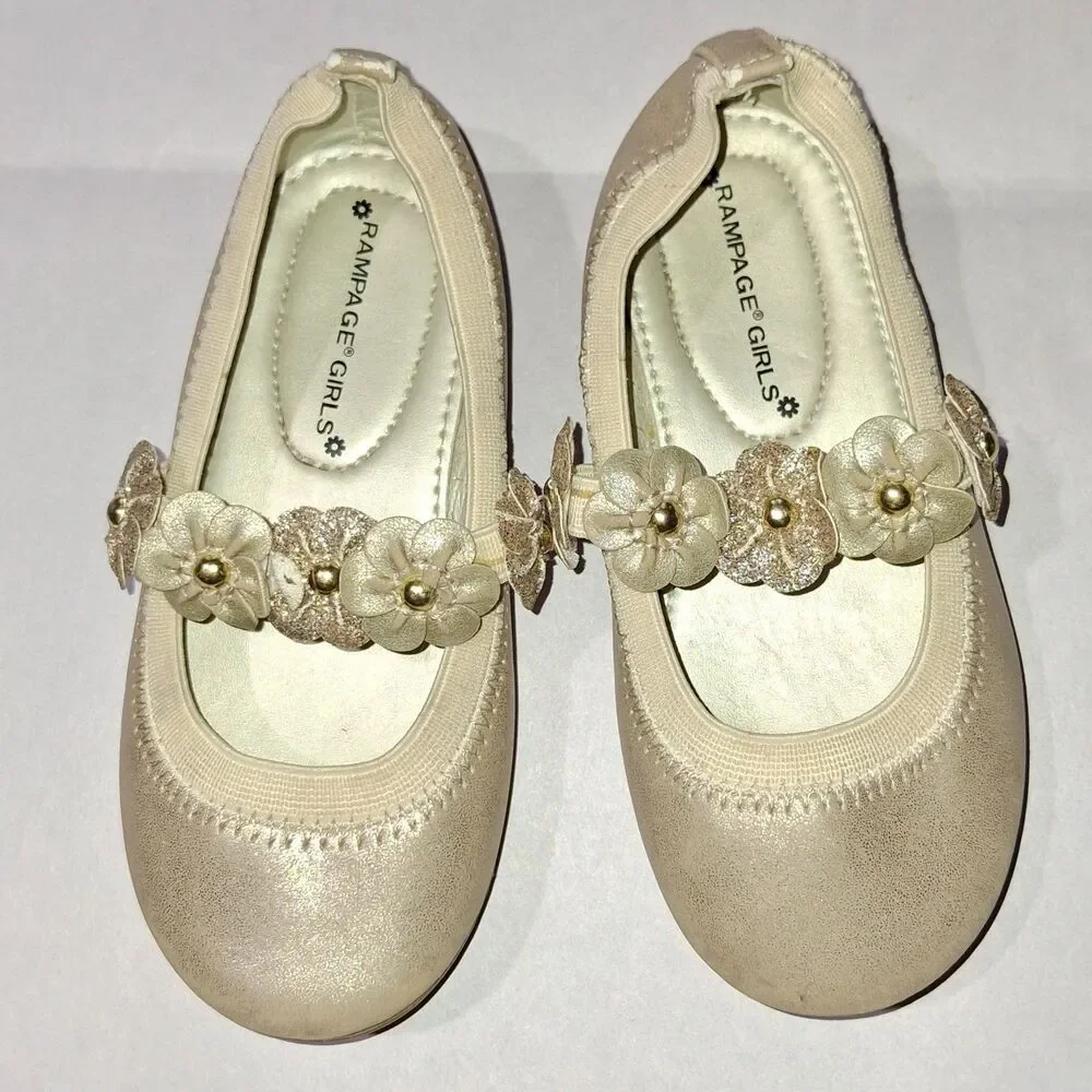 Rampage Girls Gold Ballet Flats Sparkly Glitter Dress Shoes Flower Strap Size 8M